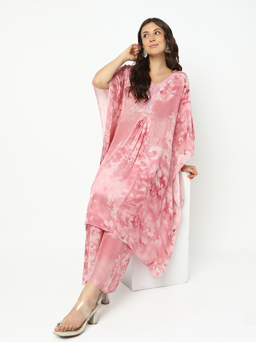 Women's Floral Pink Kaftan Kurta Set with Palazzo