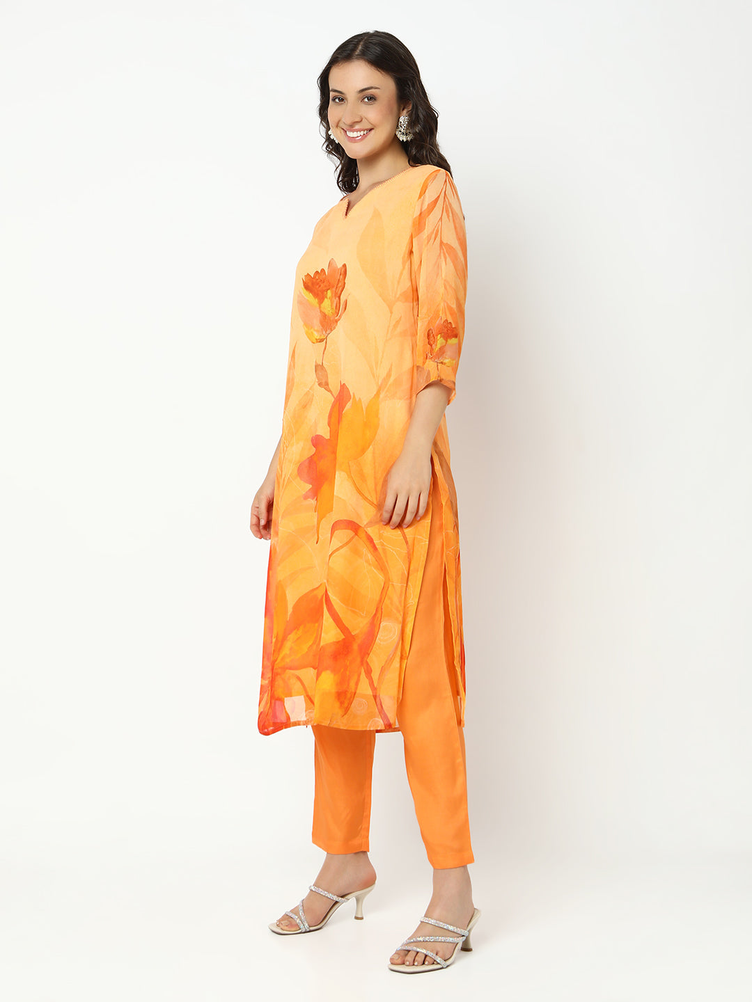 Women's Floral Orange Straight Kurta Set with Dupatta