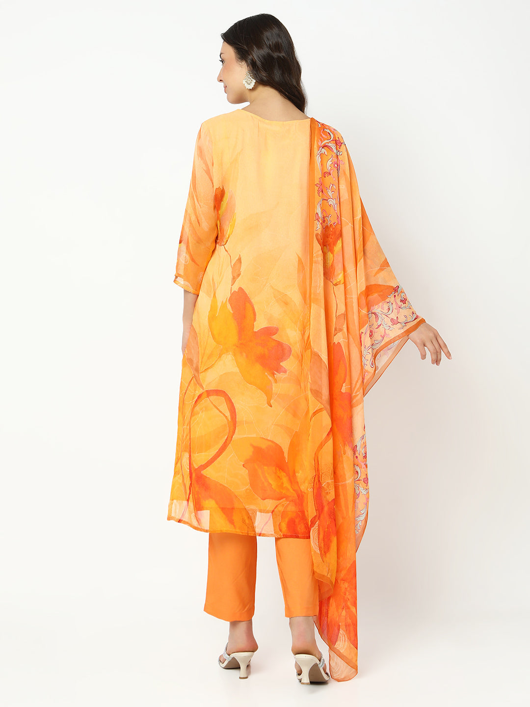 Women's Floral Orange Straight Kurta Set with Dupatta
