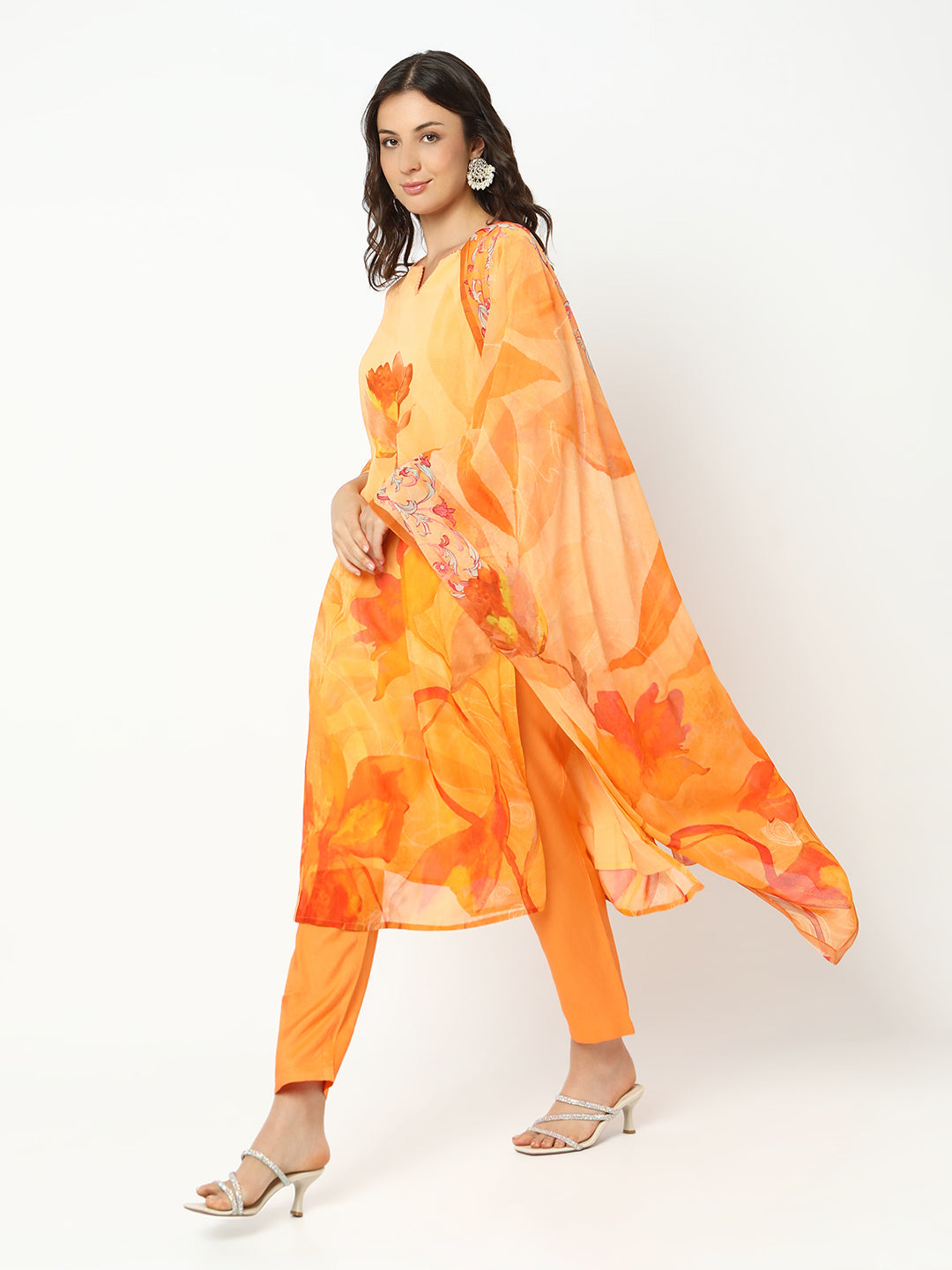 Women's Floral Orange Straight Kurta Set with Dupatta