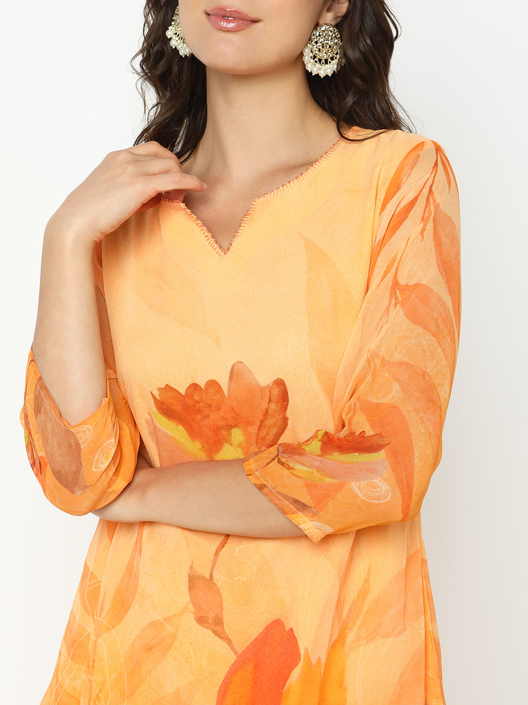 Women's Floral Orange Straight Kurta Set with Dupatta