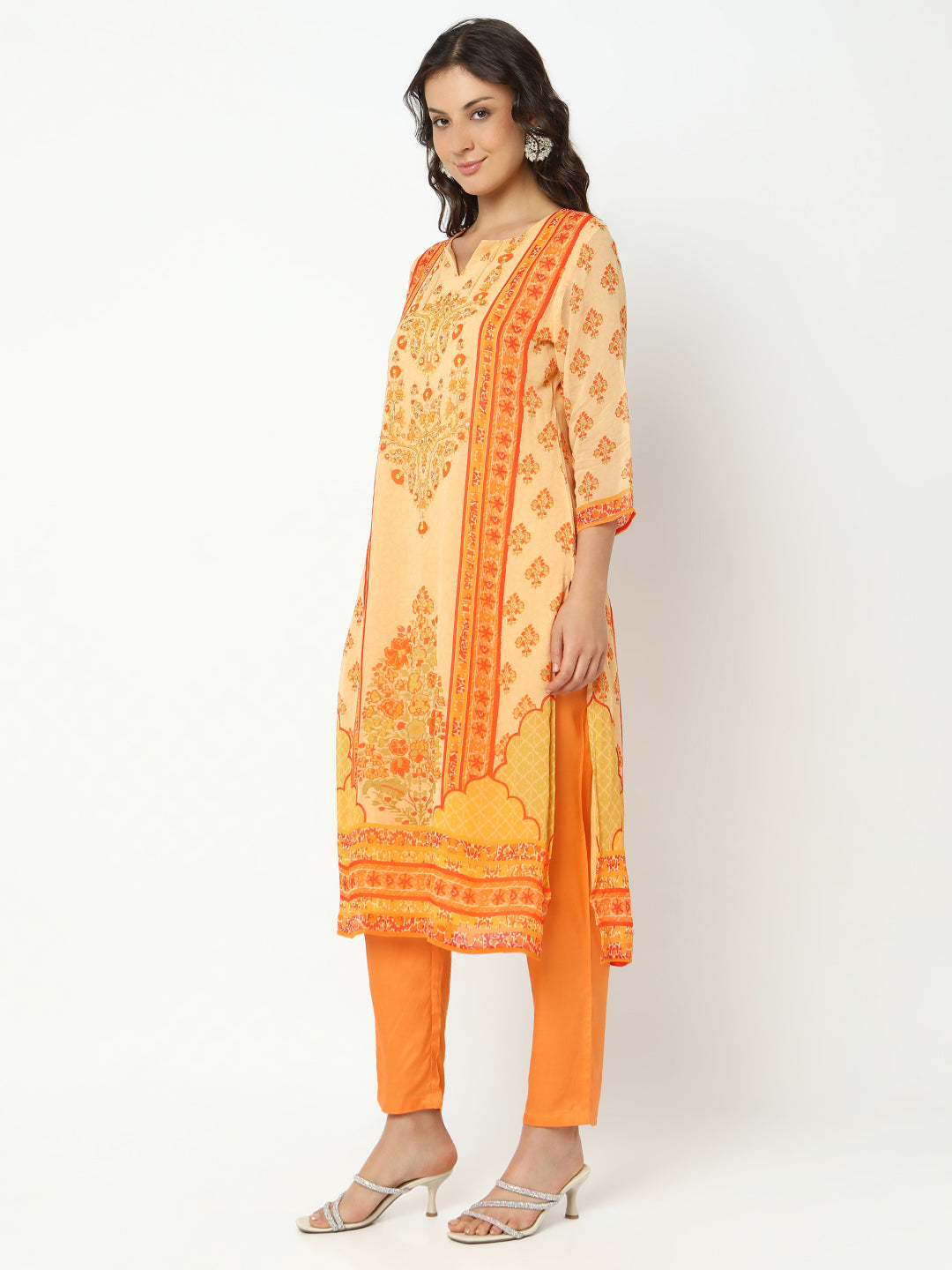 Women's Floral Orange Straight Kurta Set with Dupatta