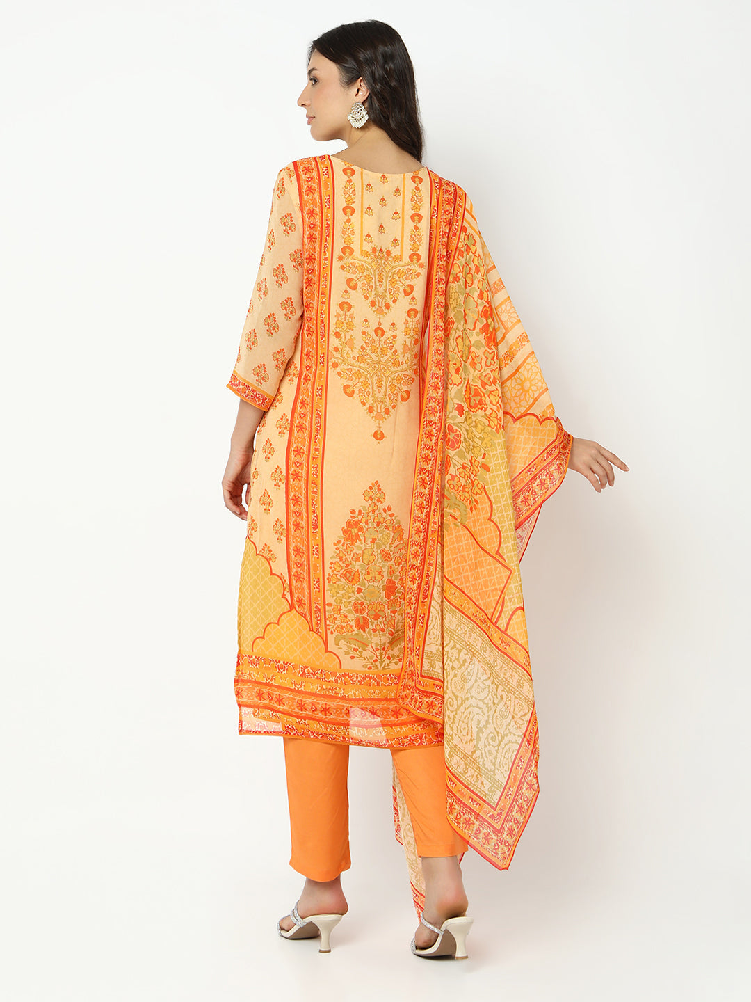 Women's Floral Orange Straight Kurta Set with Dupatta