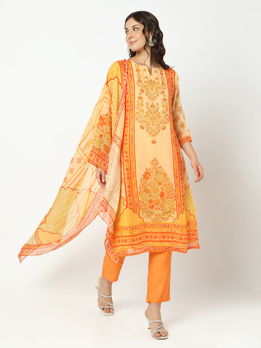 Women's Floral Orange Straight Kurta Set with Dupatta