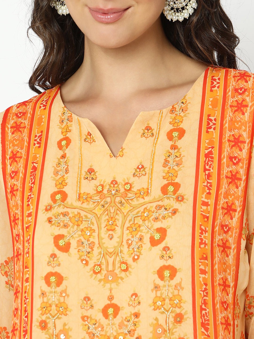 Women's Floral Orange Straight Kurta Set with Dupatta