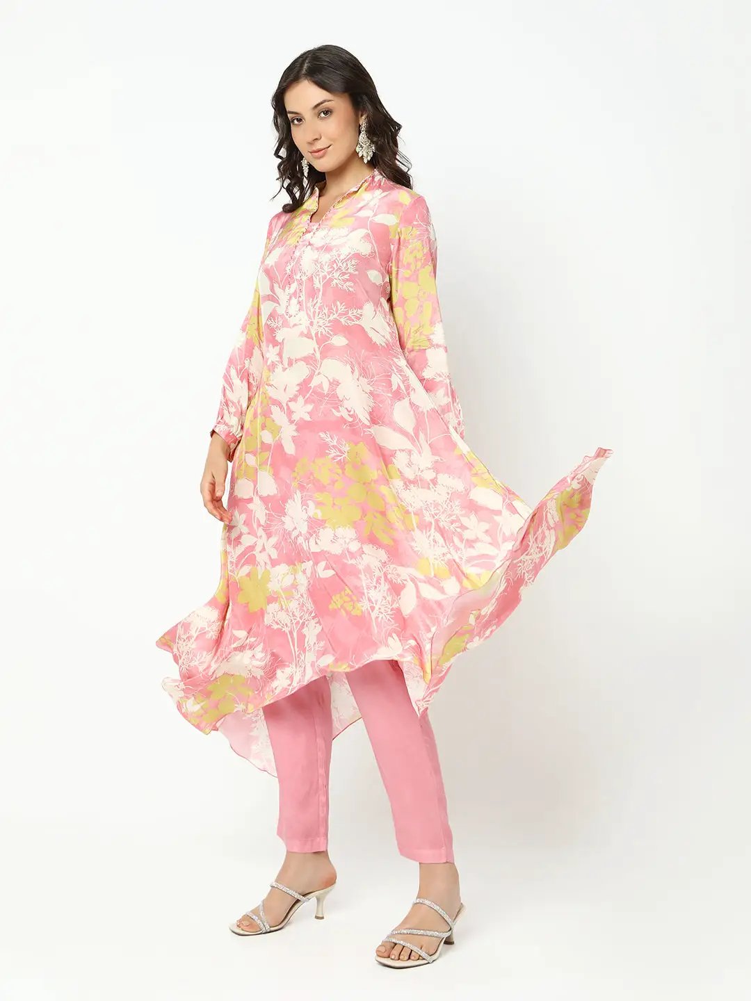 Women's Floral Pink Asymmetric Kurta Set with Trouser - from SHOWOFFFF