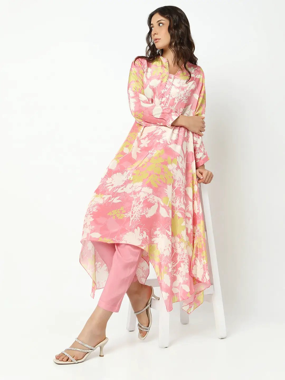 Women's Floral Pink Asymmetric Kurta Set with Trouser - from SHOWOFFFF