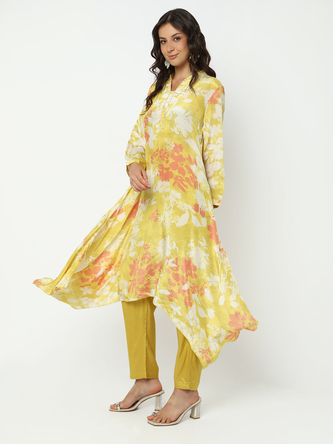 Women's Floral Yellow Asymmetric Kurta Set with Trouser