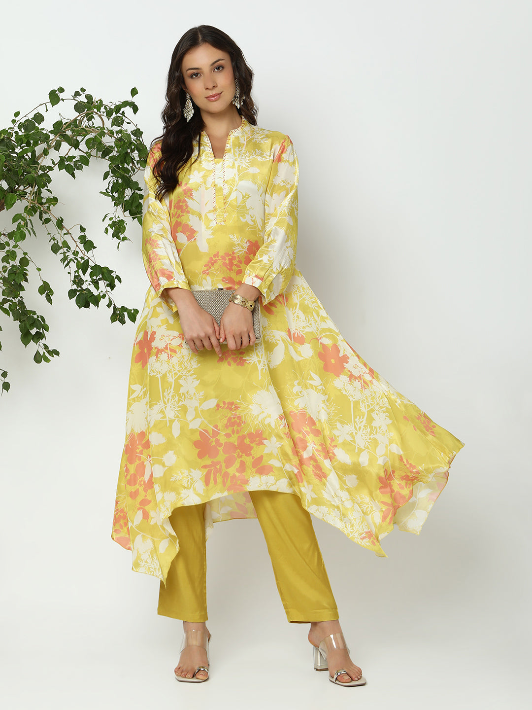 Women's Floral Yellow Asymmetric Kurta Set with Trouser
