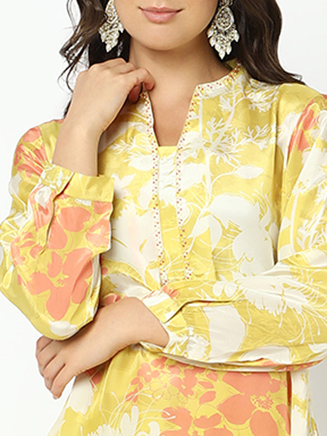 Women's Floral Yellow Asymmetric Kurta Set with Trouser