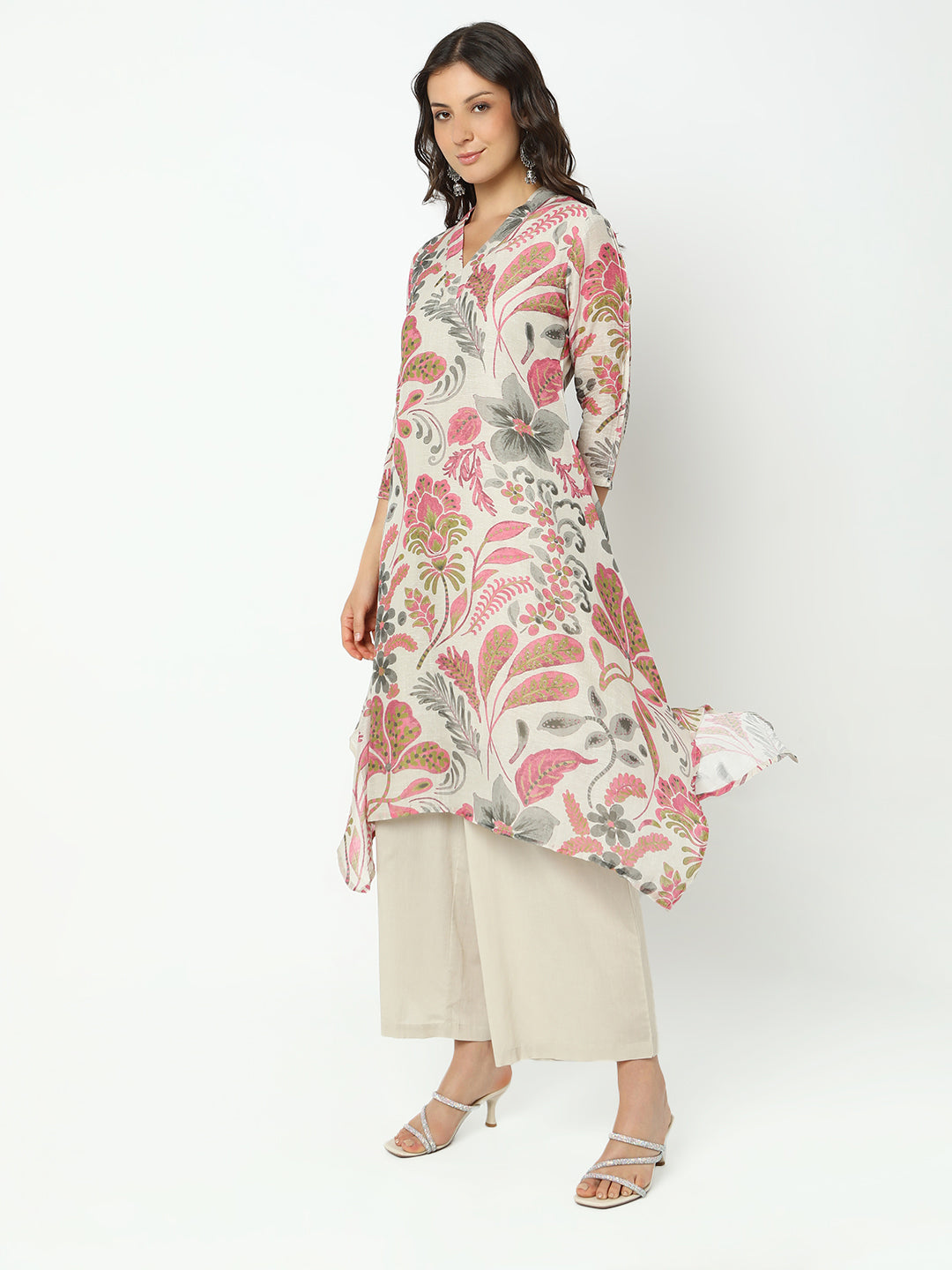 Women's Floral Grey Asymmetric Kurta Set with Palazzo