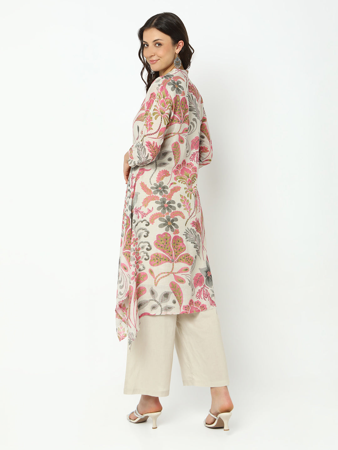 Women's Floral Grey Asymmetric Kurta Set with Palazzo