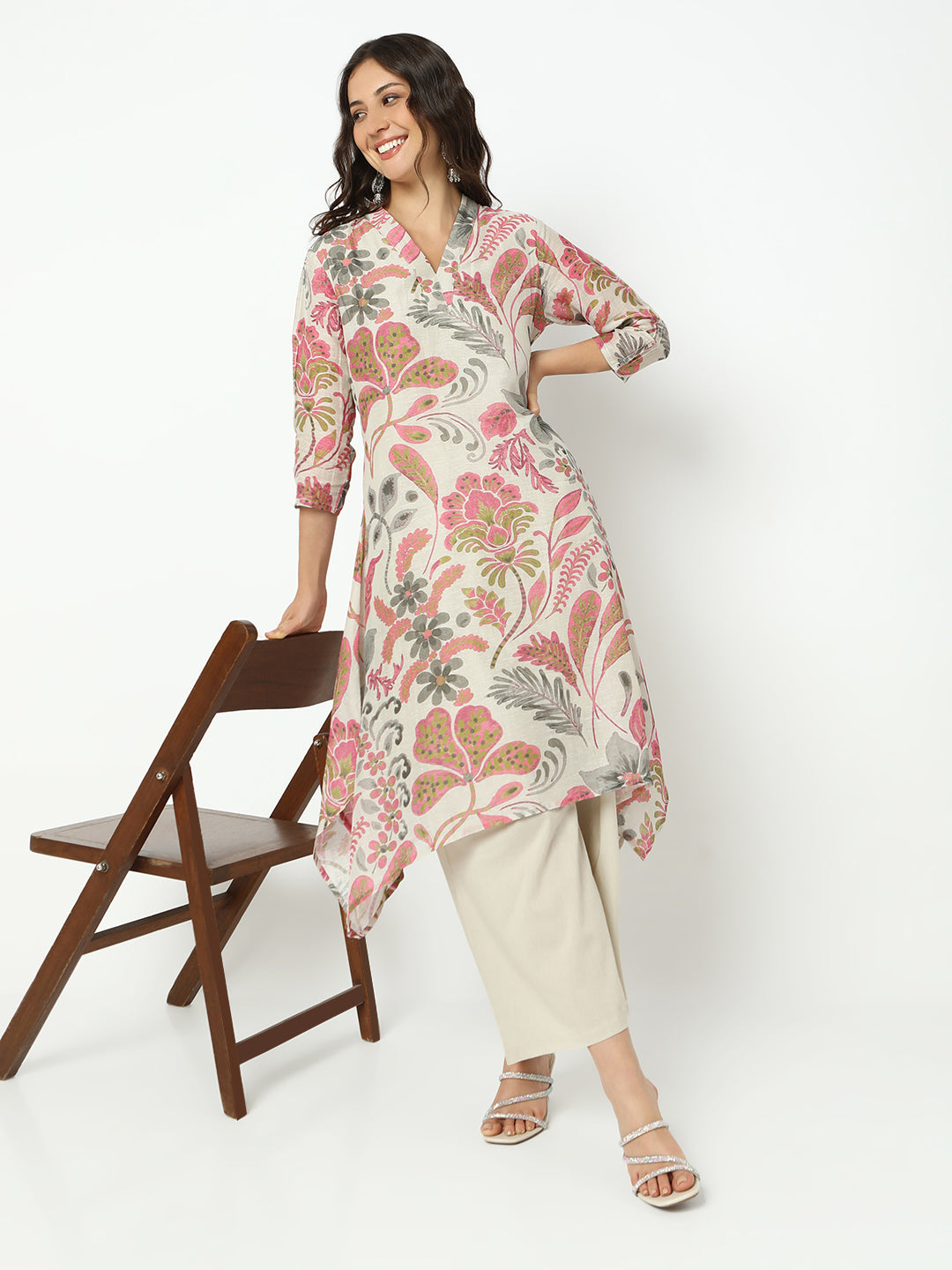Women's Floral Grey Asymmetric Kurta Set with Palazzo