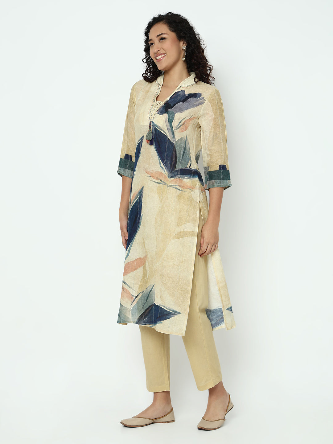 Women's Abstract Beige V-Neck Kurta Set with Dupatta