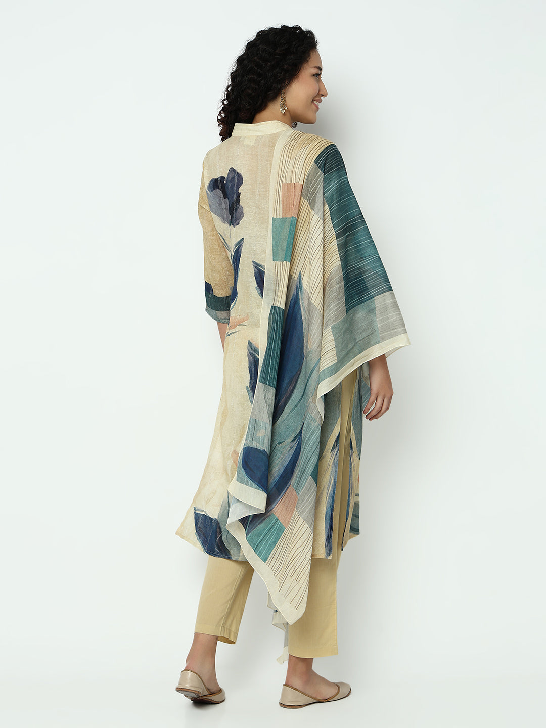 Women's Abstract Beige V-Neck Kurta Set with Dupatta