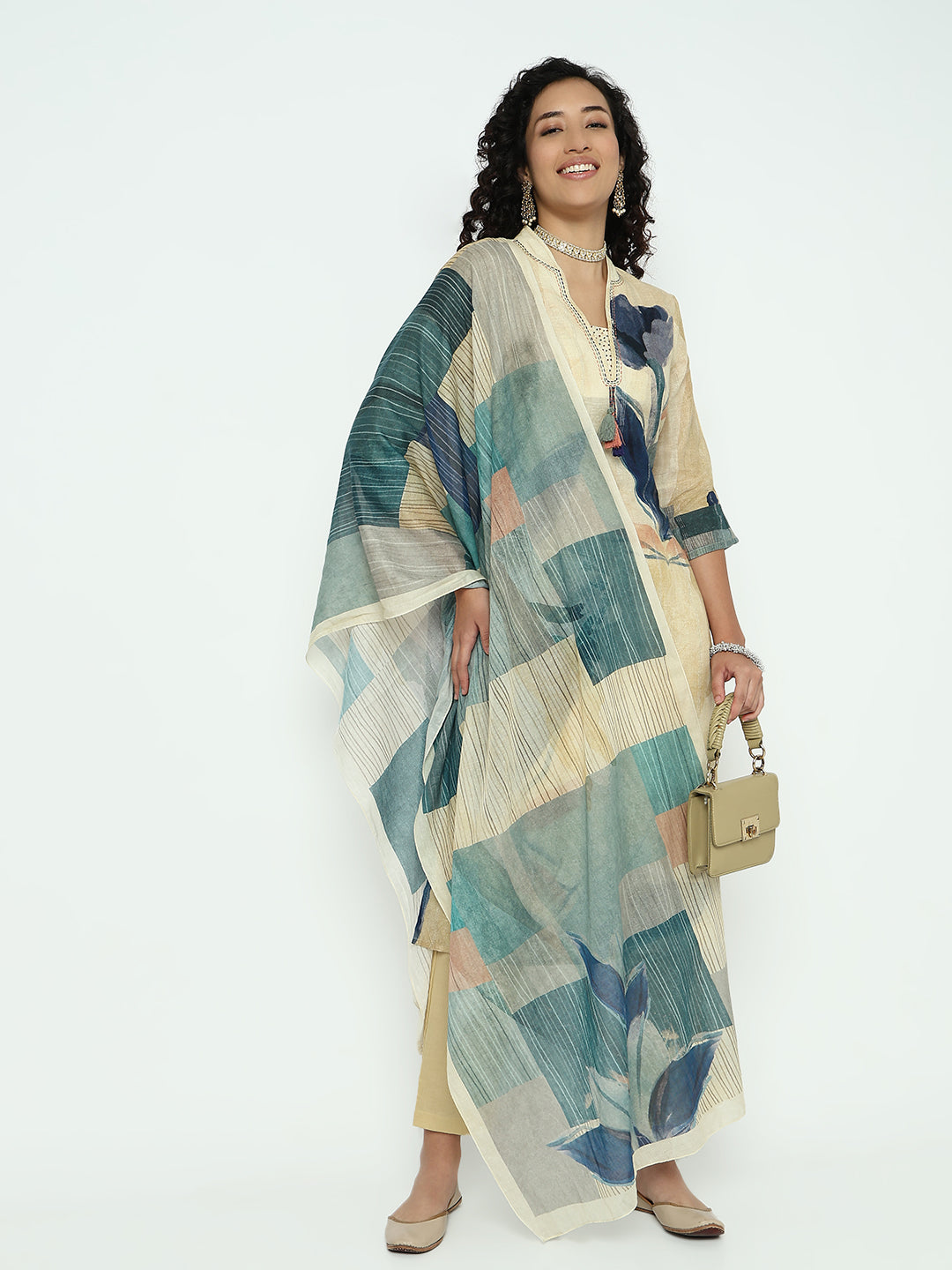 Women's Abstract Beige V-Neck Kurta Set with Dupatta