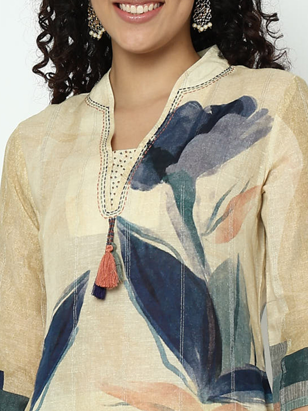 Women's Abstract Beige V-Neck Kurta Set with Dupatta