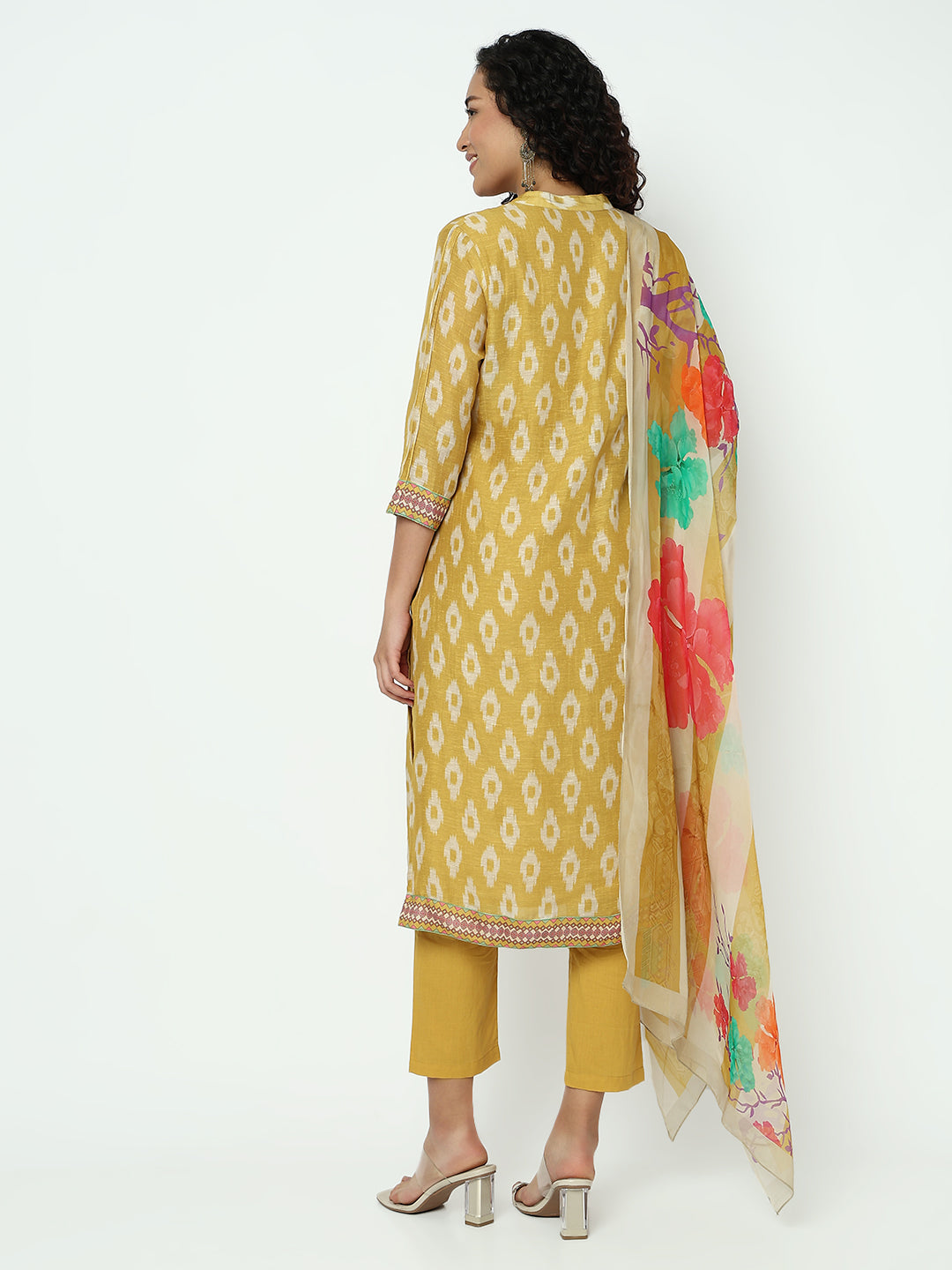 Women's Geometric Mustard Mandarin Collar Kurta Set with Dupatta