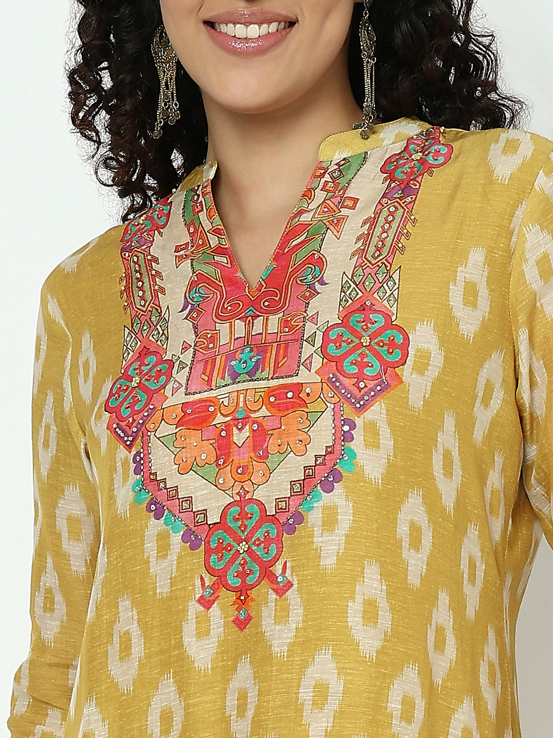 Women's Geometric Mustard Mandarin Collar Kurta Set with Dupatta