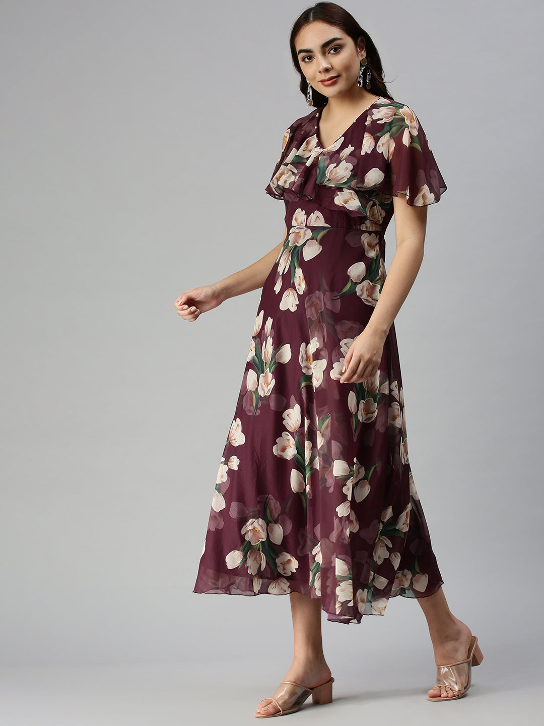 Women V-Neck Printed Empire Magenta Dress