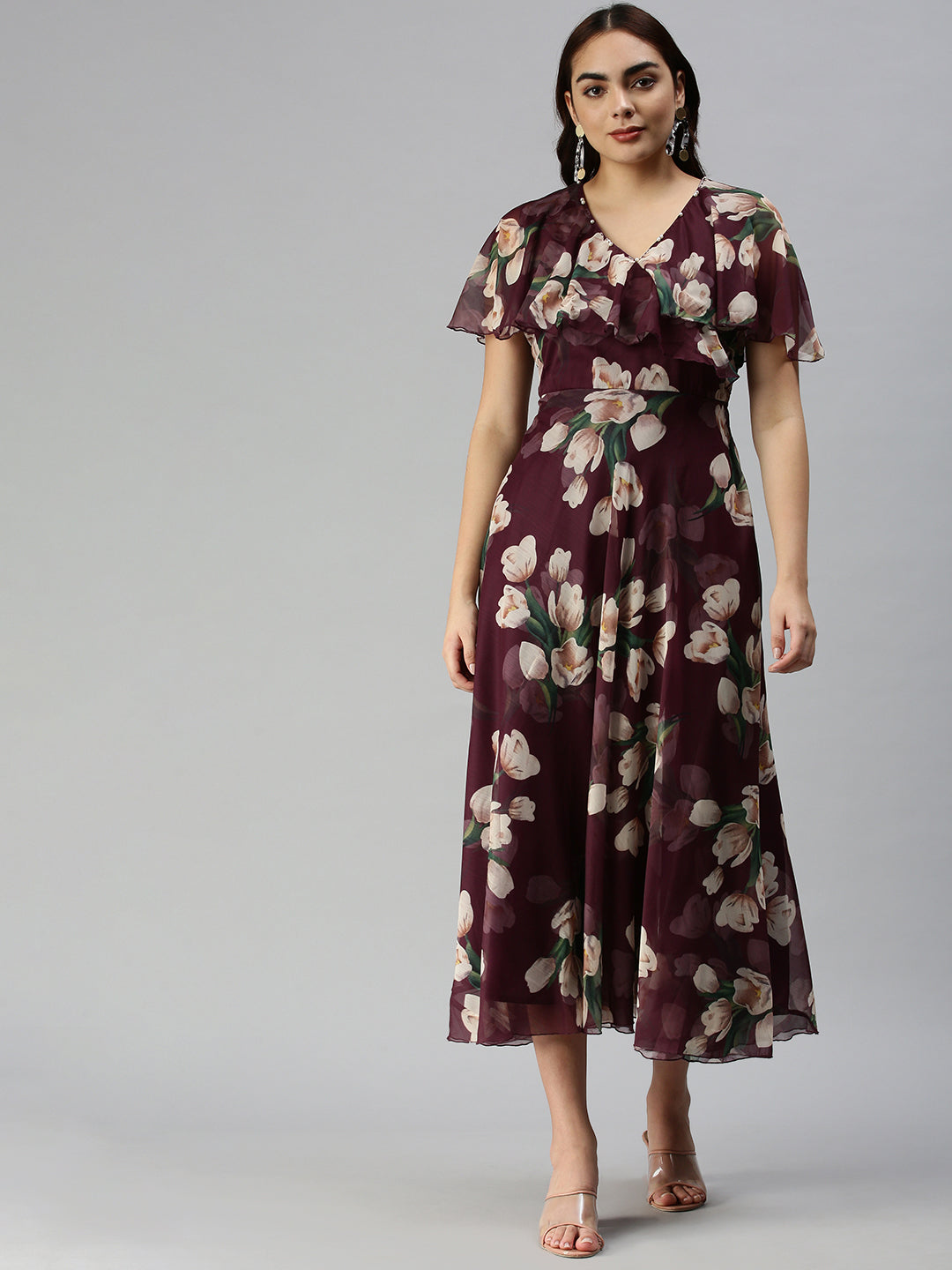 Women V-Neck Printed Empire Magenta Dress