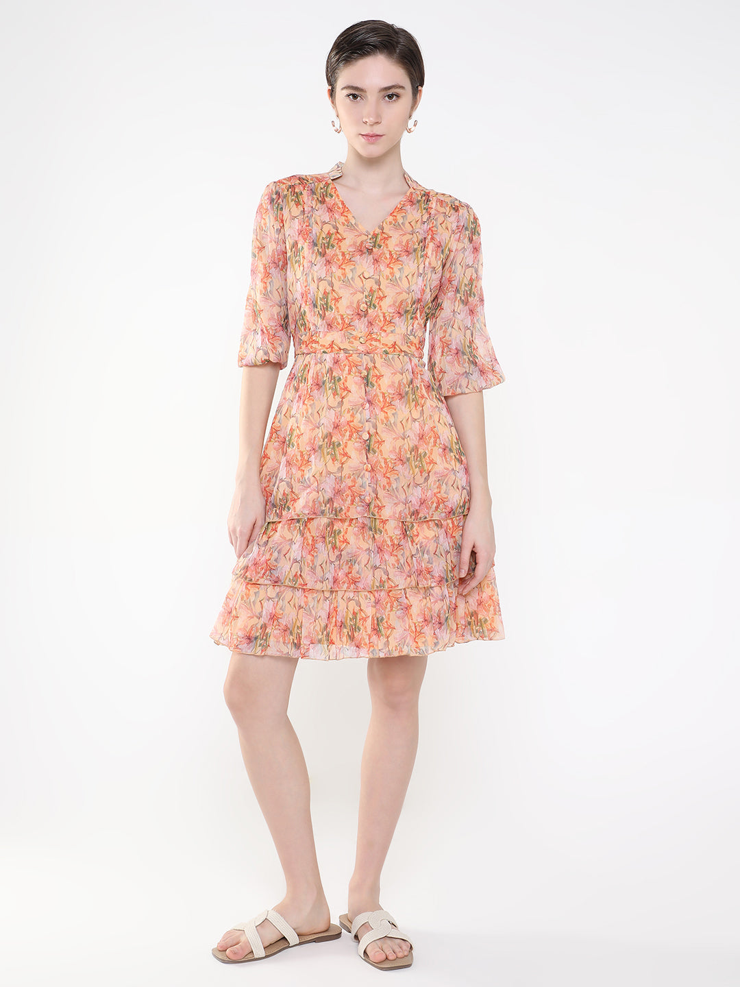 Women Floral Peach Fit and Flare Dress