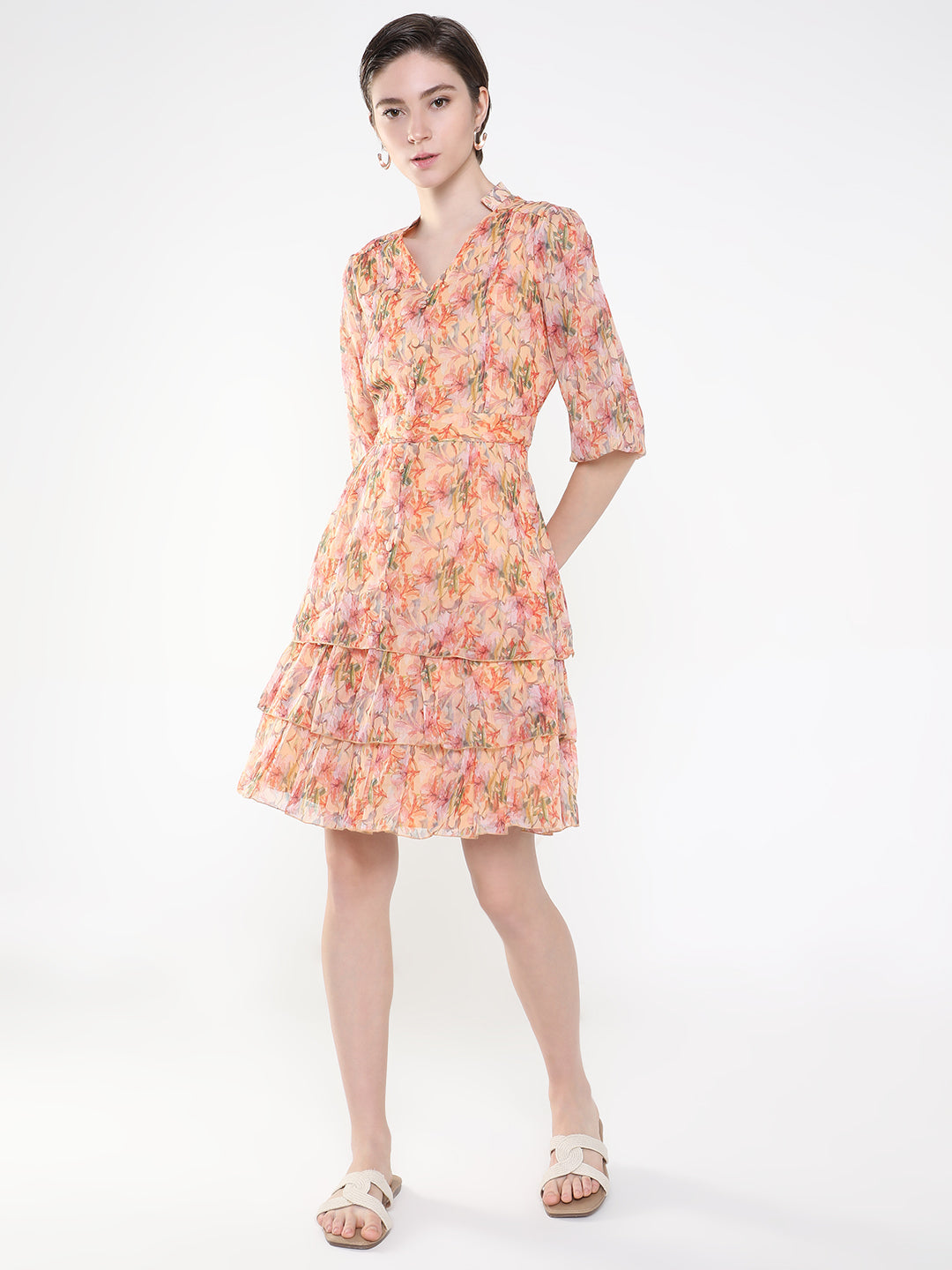 Women Floral Peach Fit and Flare Dress