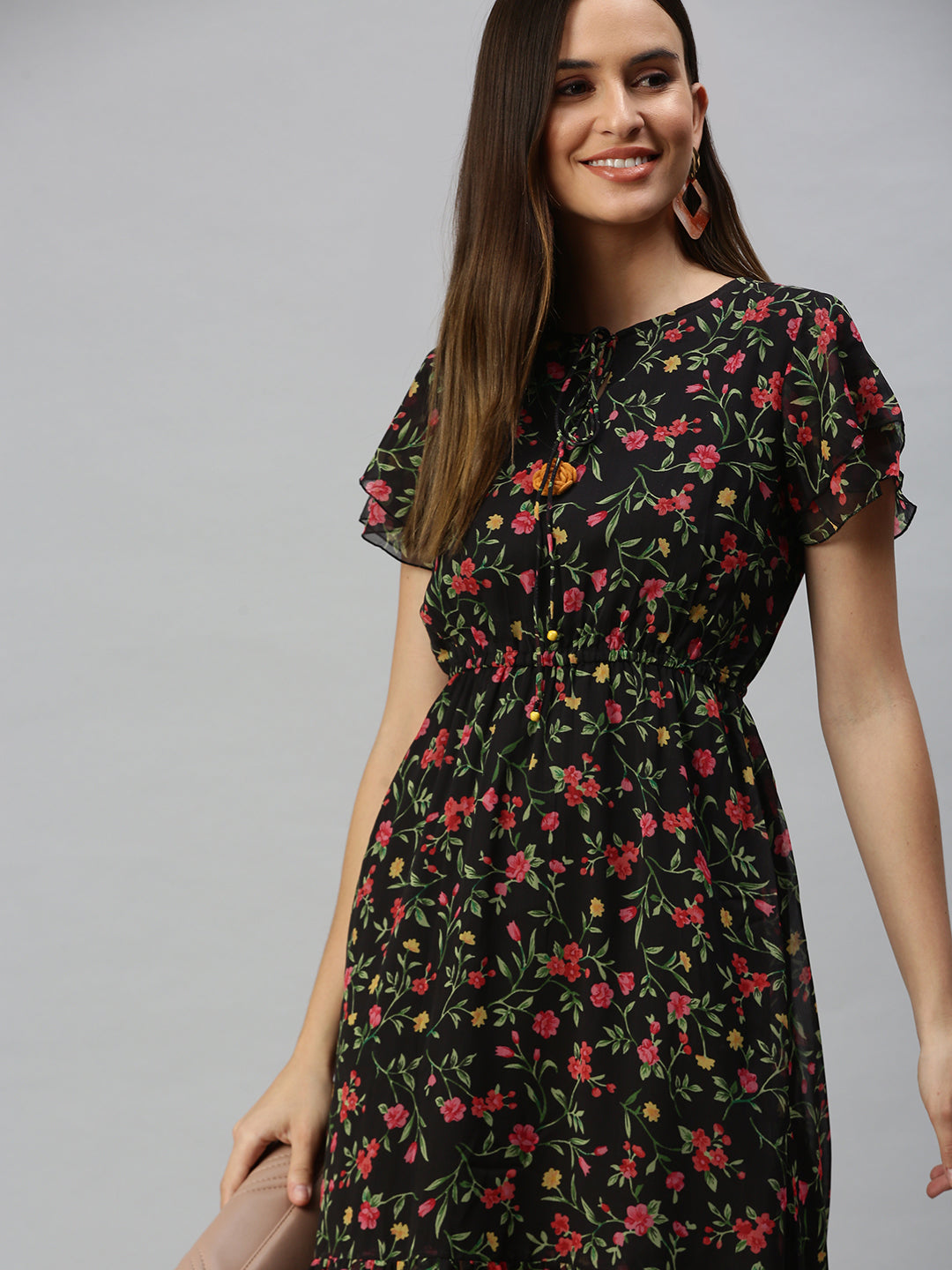 Women Printed A-Line Black Dress