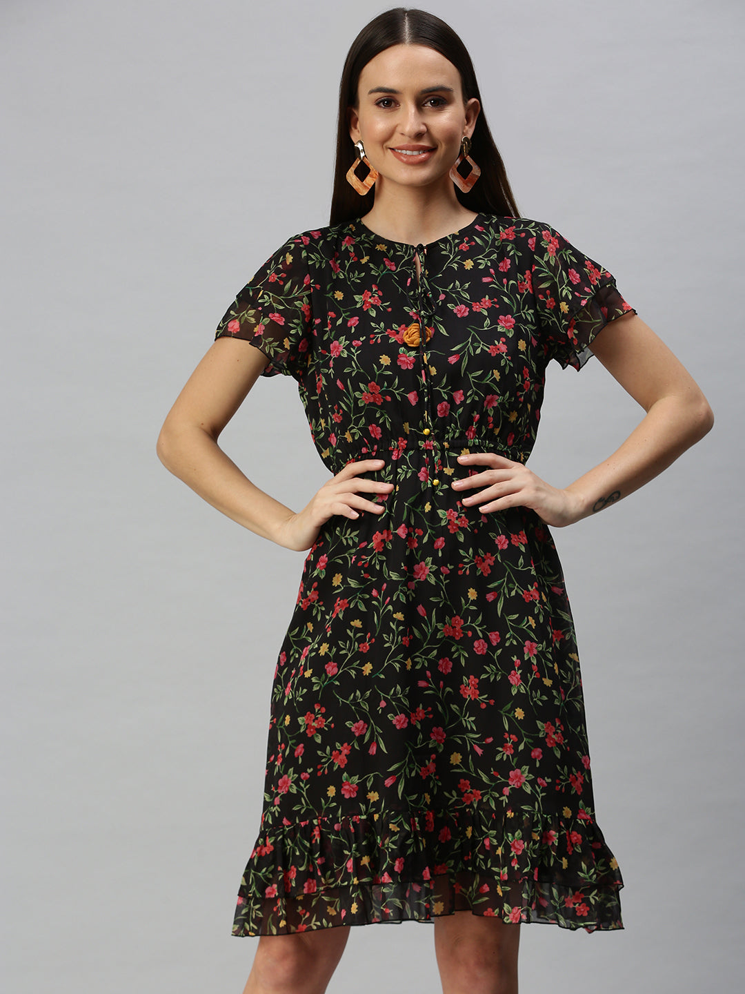 Women Printed A-Line Black Dress