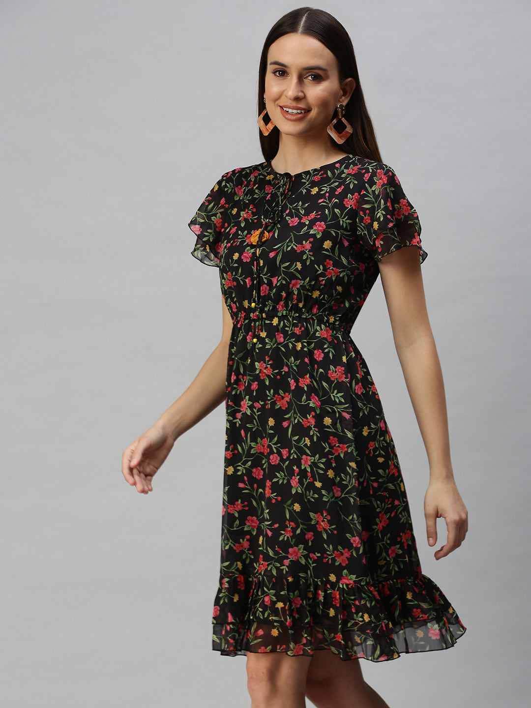 Women Printed A-Line Black Dress