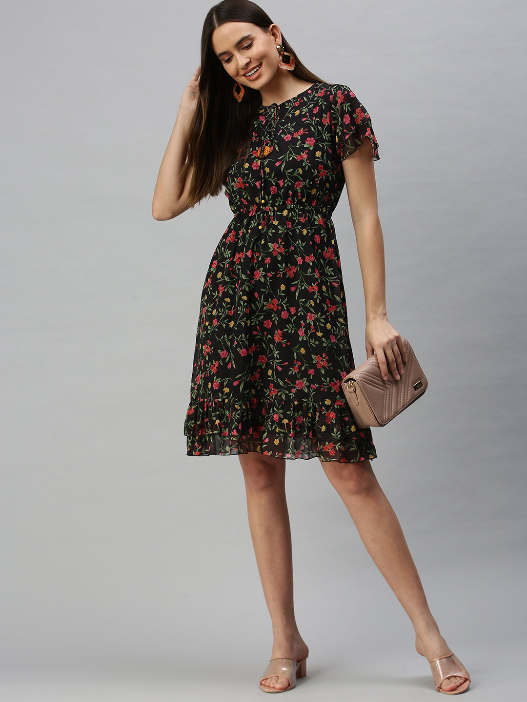 Women Printed A-Line Black Dress