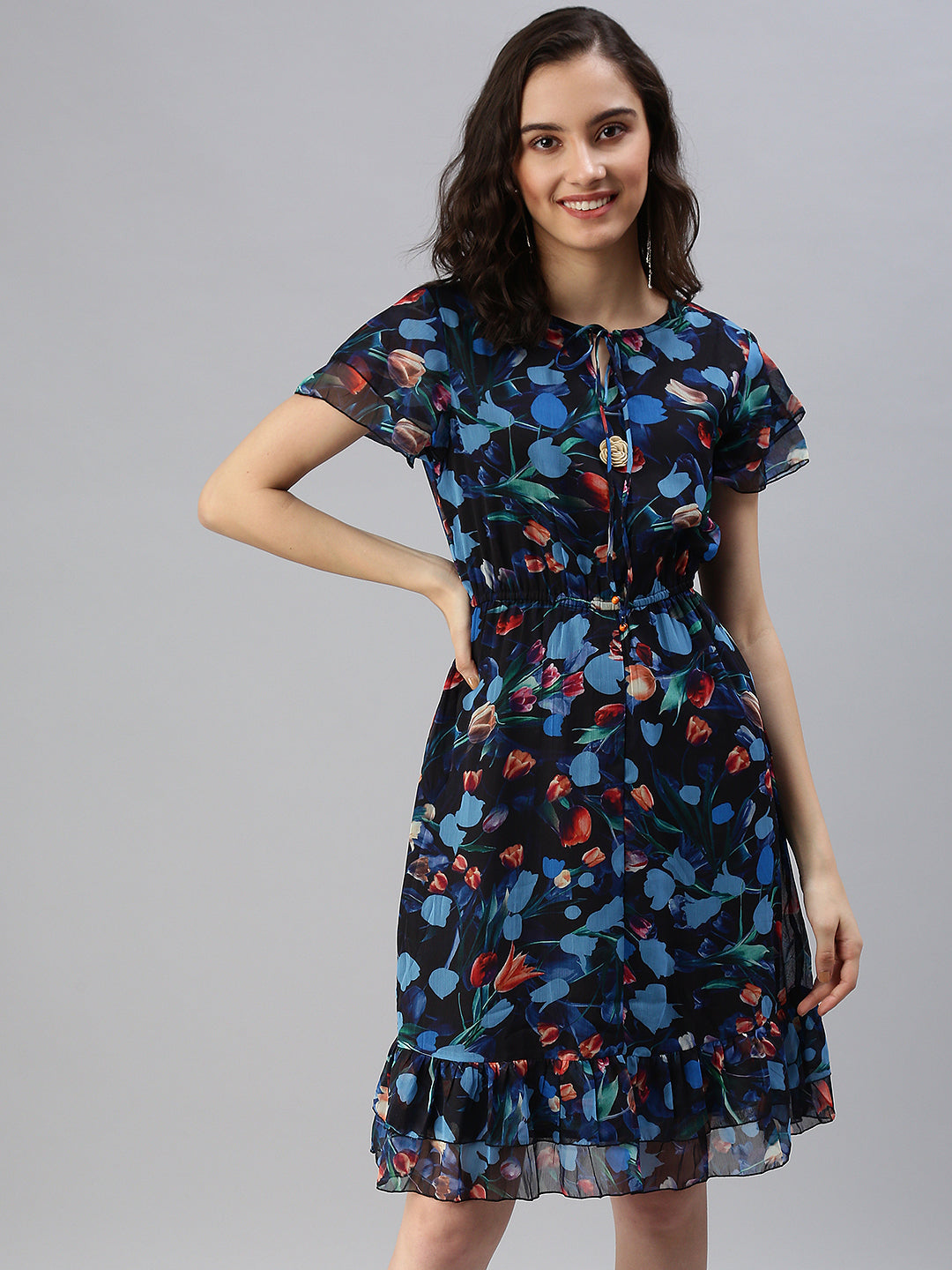 Women Tie-Up Neck Printed Fit and Flare Blue Dress