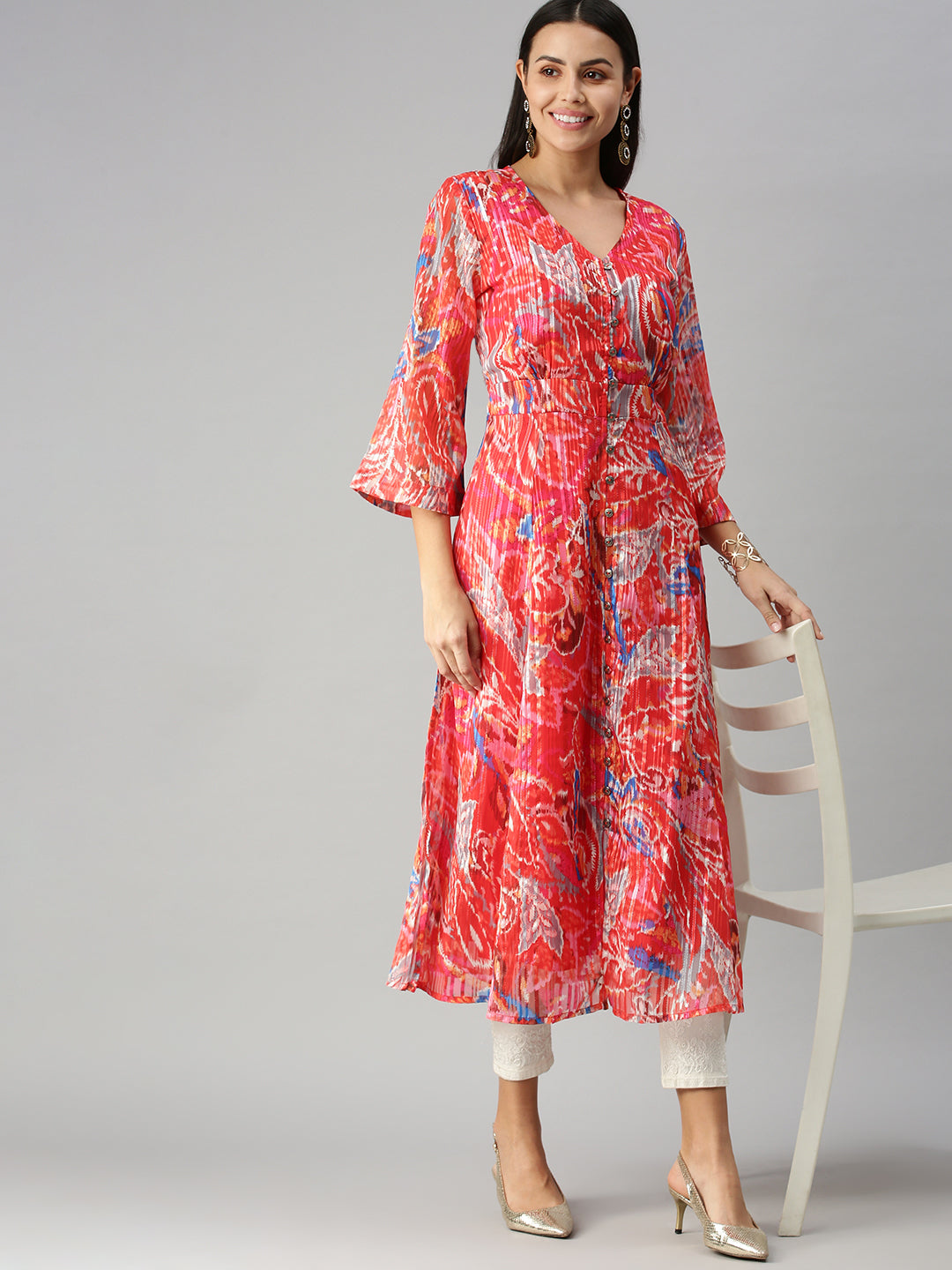 Women V-Neck Printed Red A-Line Kurta