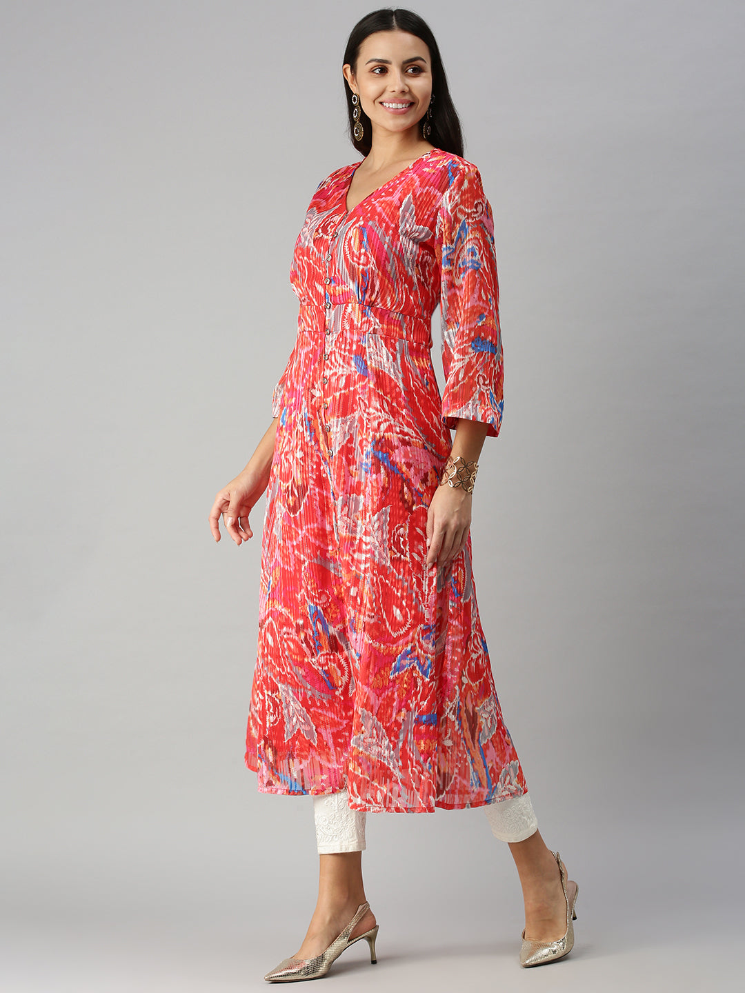 Women V-Neck Printed Red A-Line Kurta