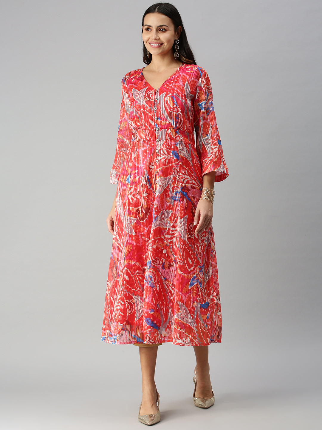 Women V-Neck Printed Red A-Line Kurta