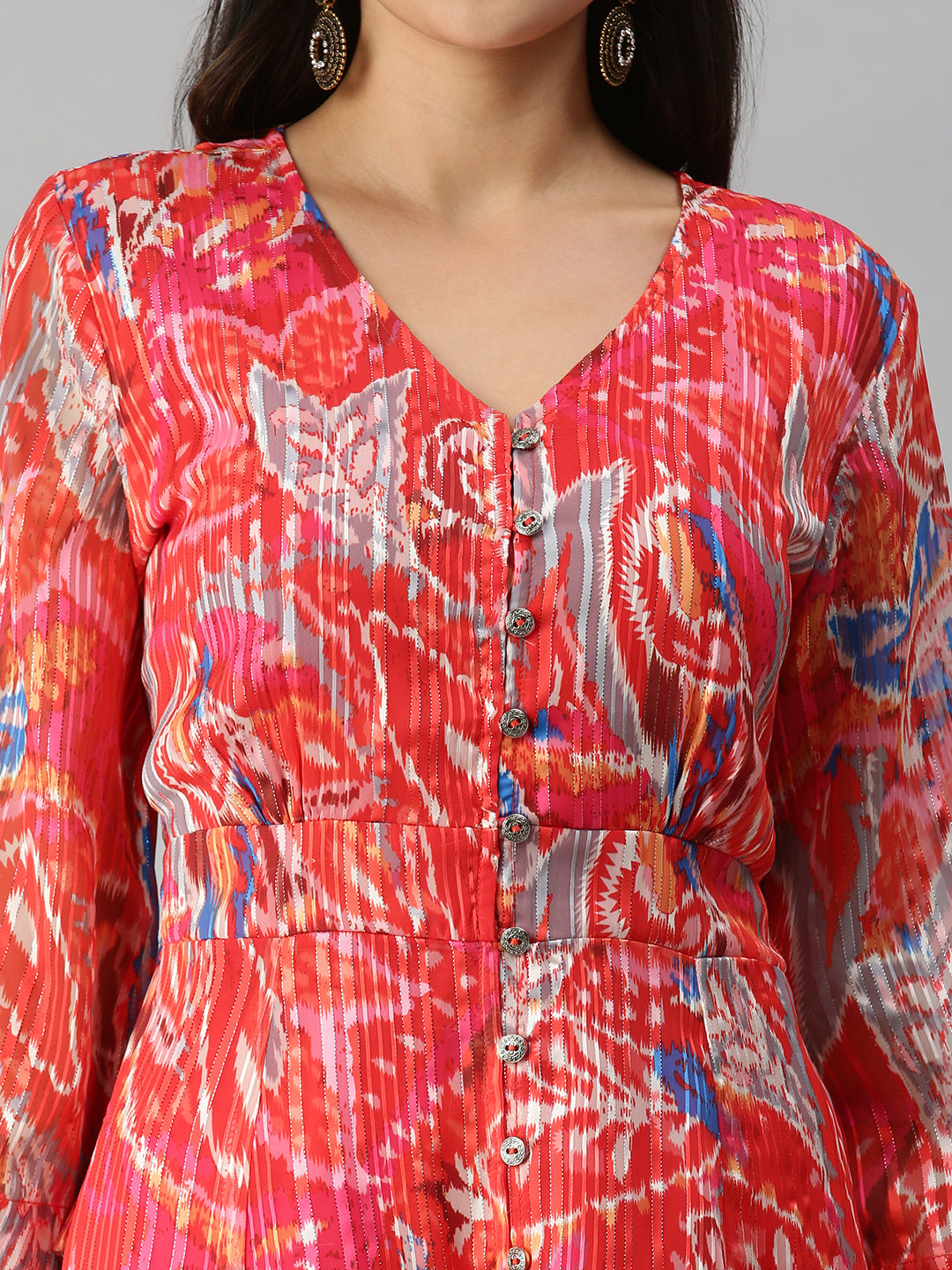 Women V-Neck Printed Red A-Line Kurta