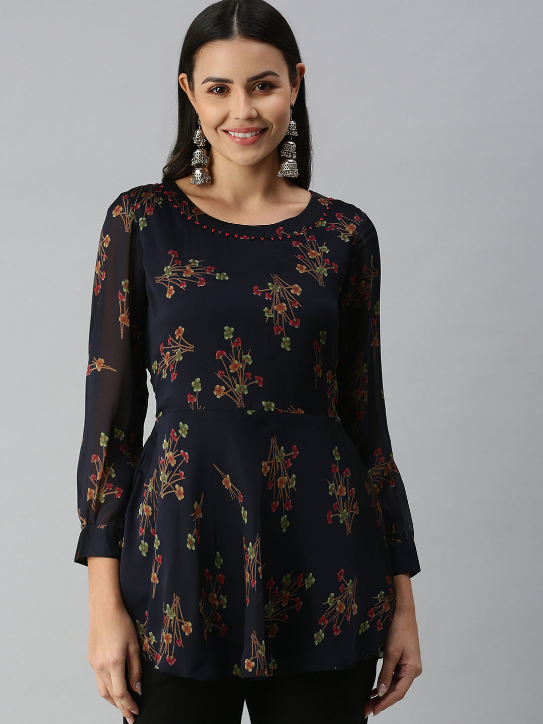 Women Floral Navy Blue A-Line Kurti