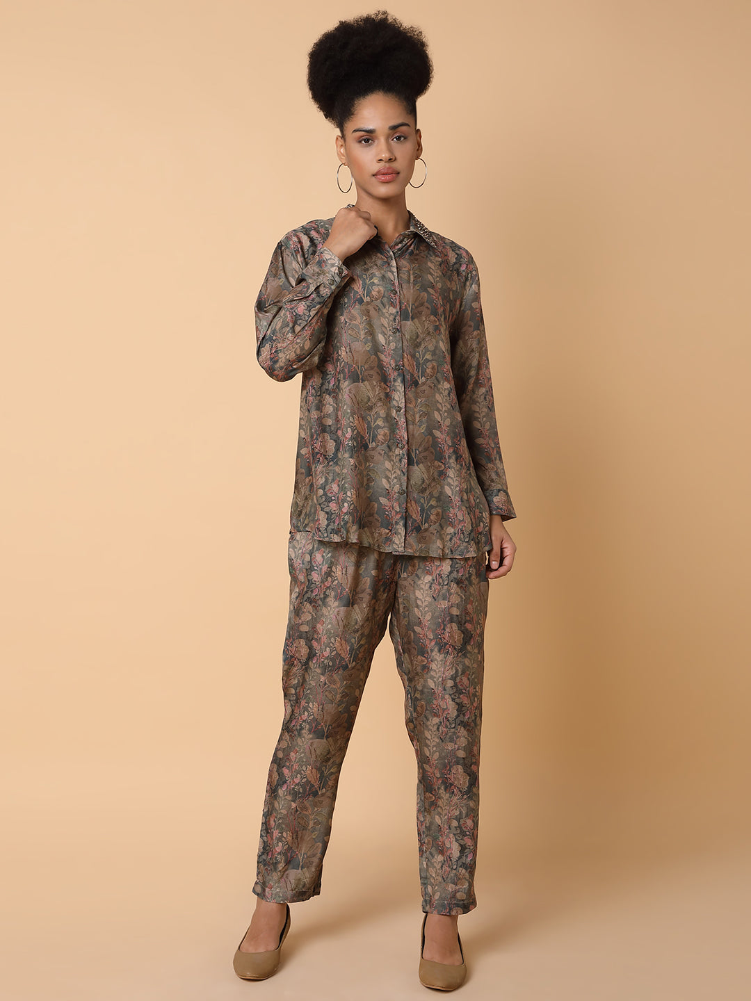 Women Printed Collared Olive Co-Ord Set