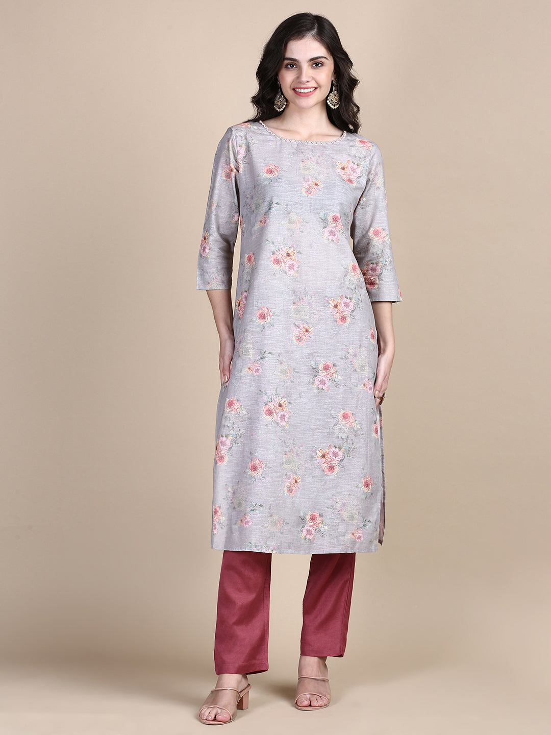 Women Solid Grey Straight Kurta Set