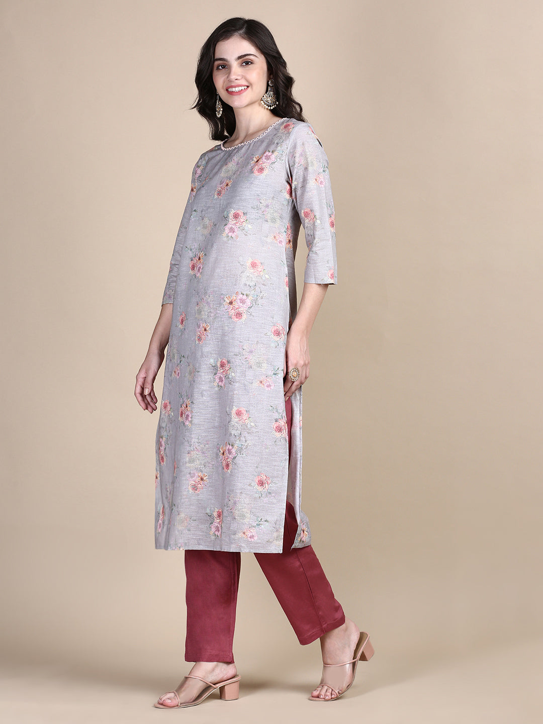 Women Solid Grey Straight Kurta Set