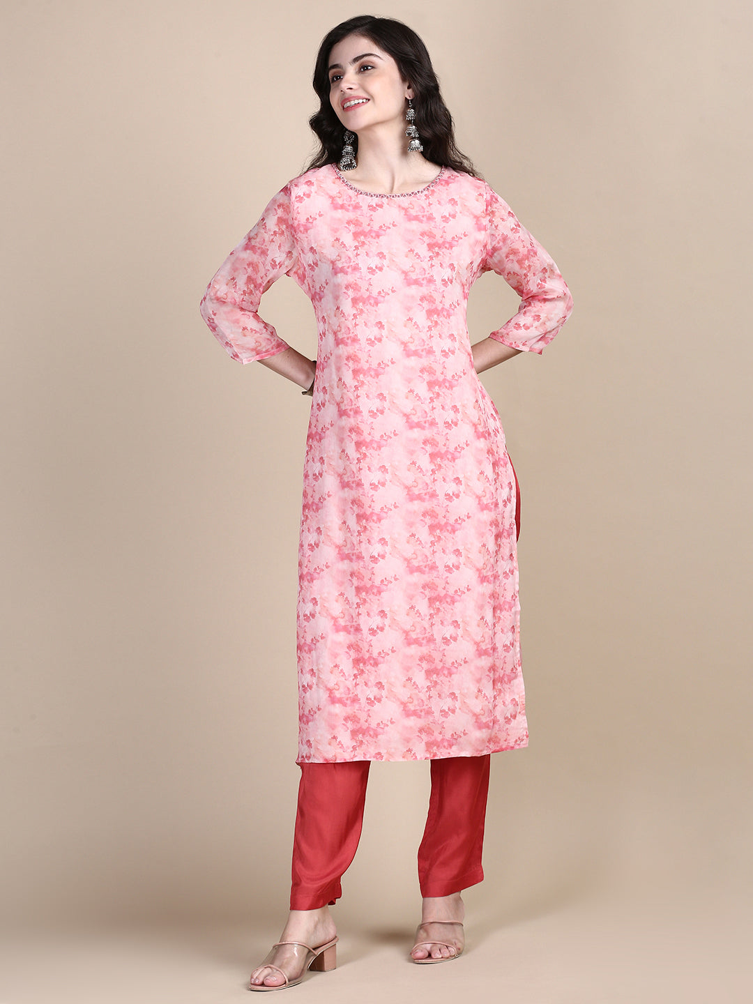 Women Floral Peach Straight Kurta Set