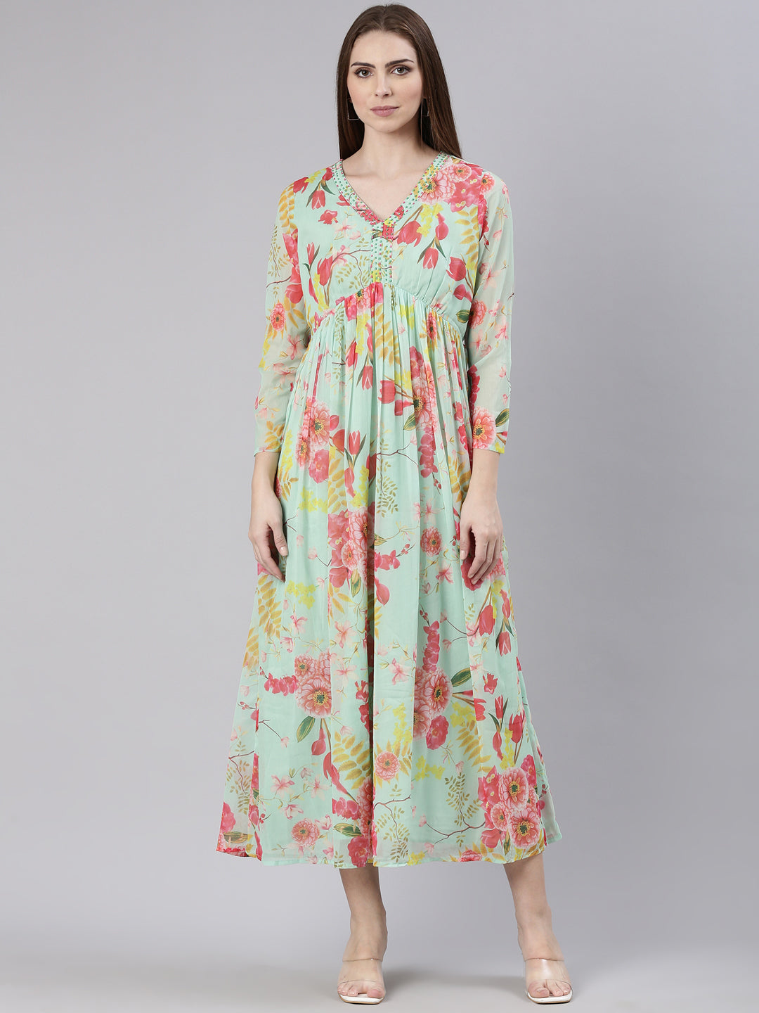 Women Sea Green Floral Empire Kurta