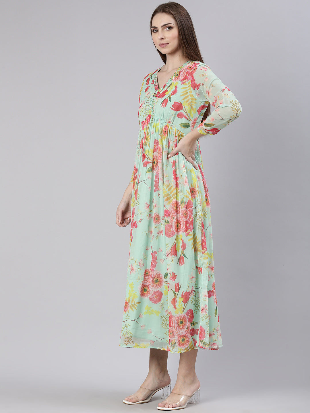 Women Sea Green Floral Empire Kurta