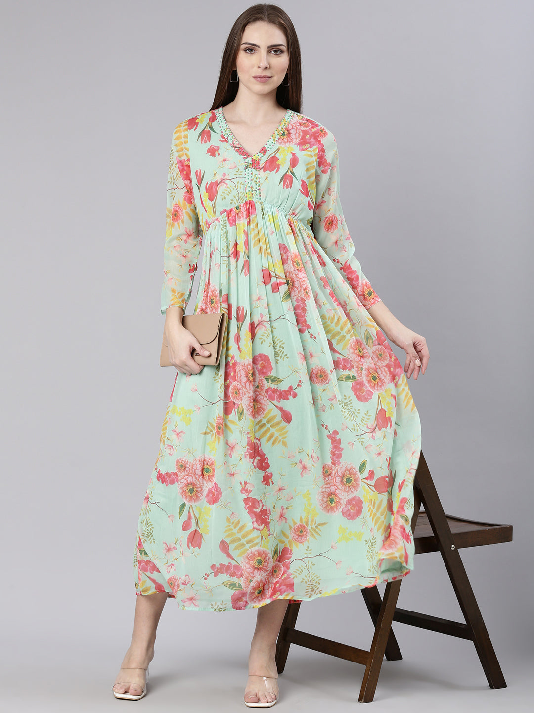 Women Sea Green Floral Empire Kurta