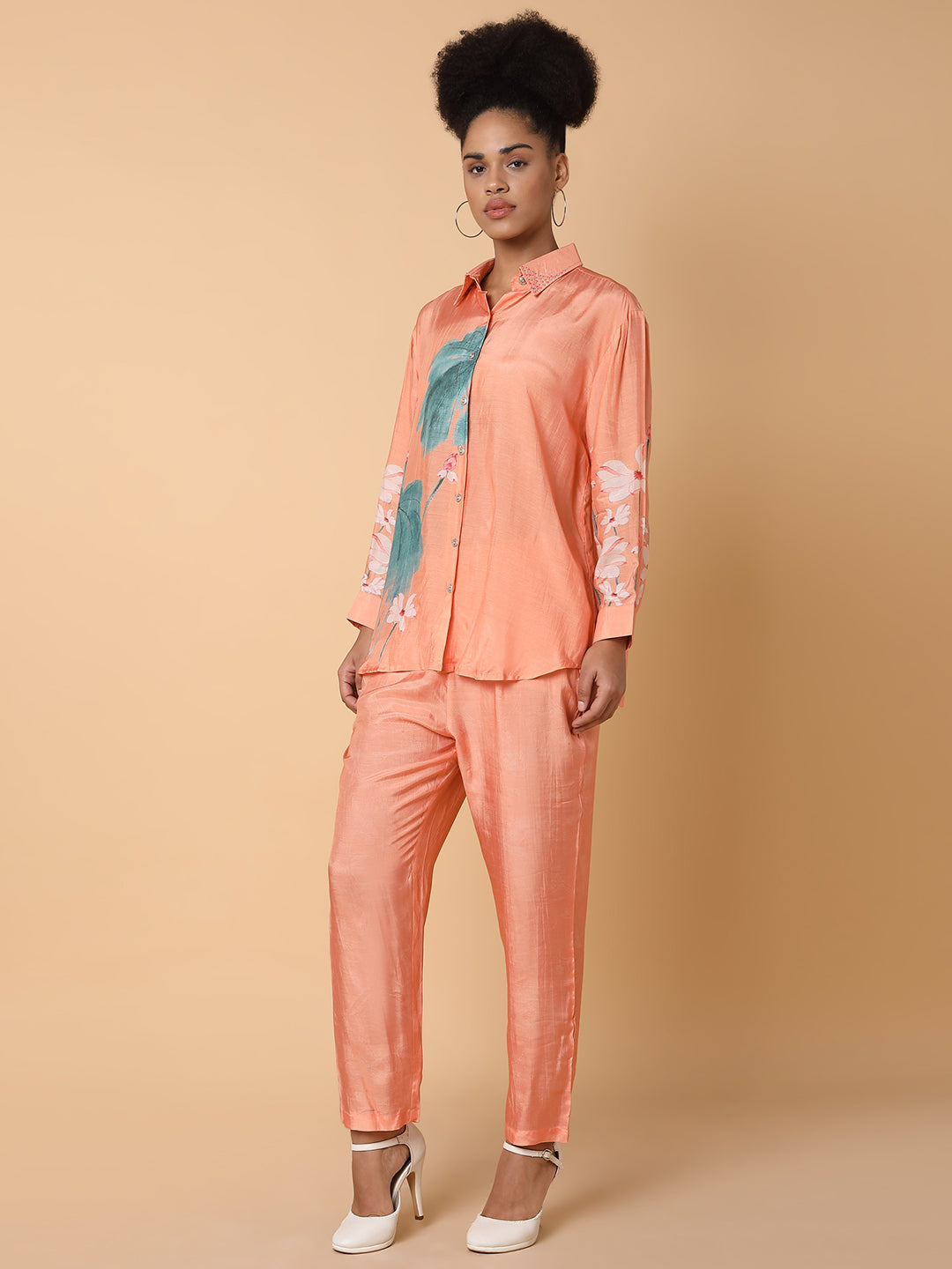 Women Printed Collared Peach Co-Ord Set