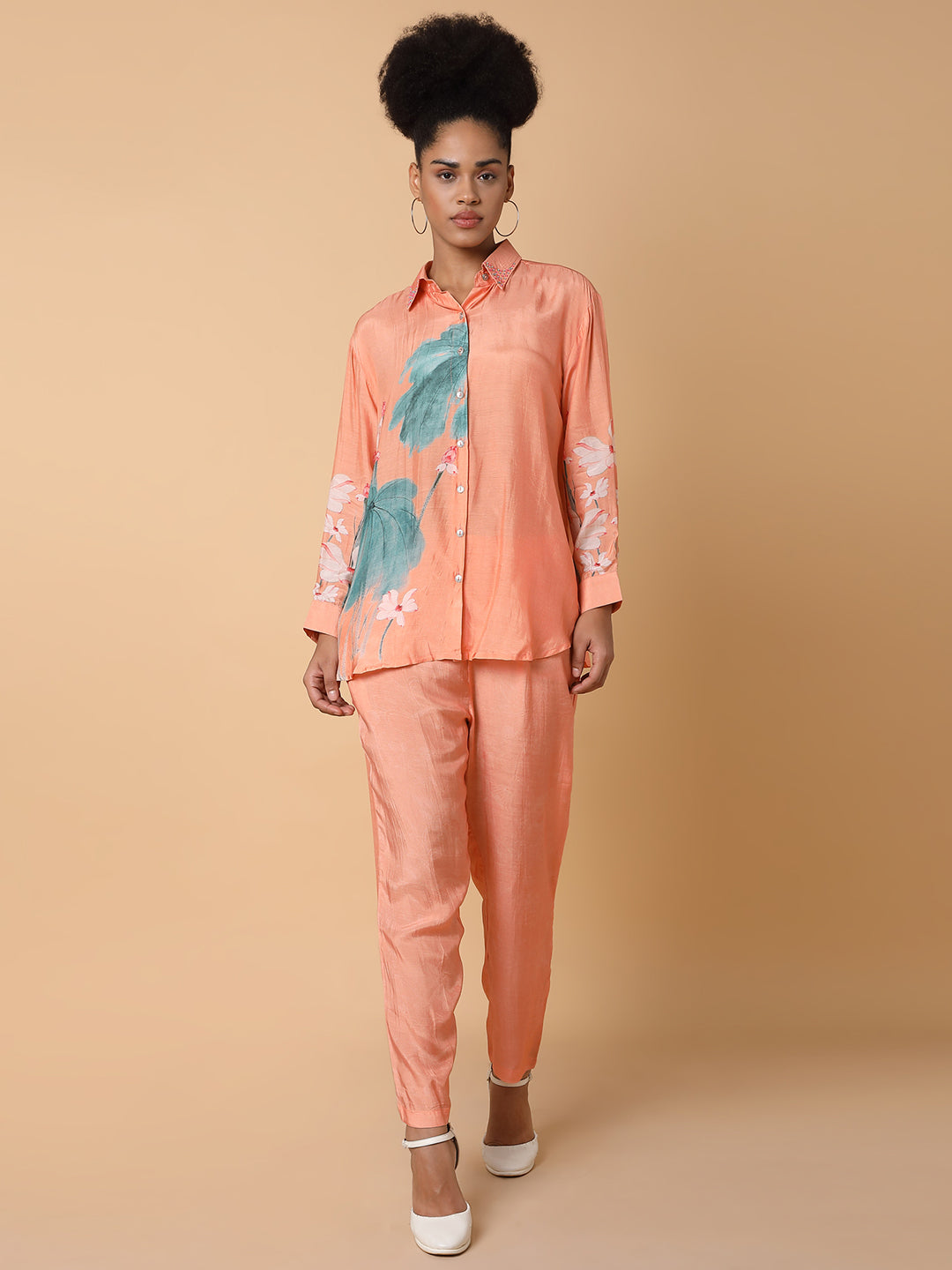 Women Printed Collared Peach Co-Ord Set