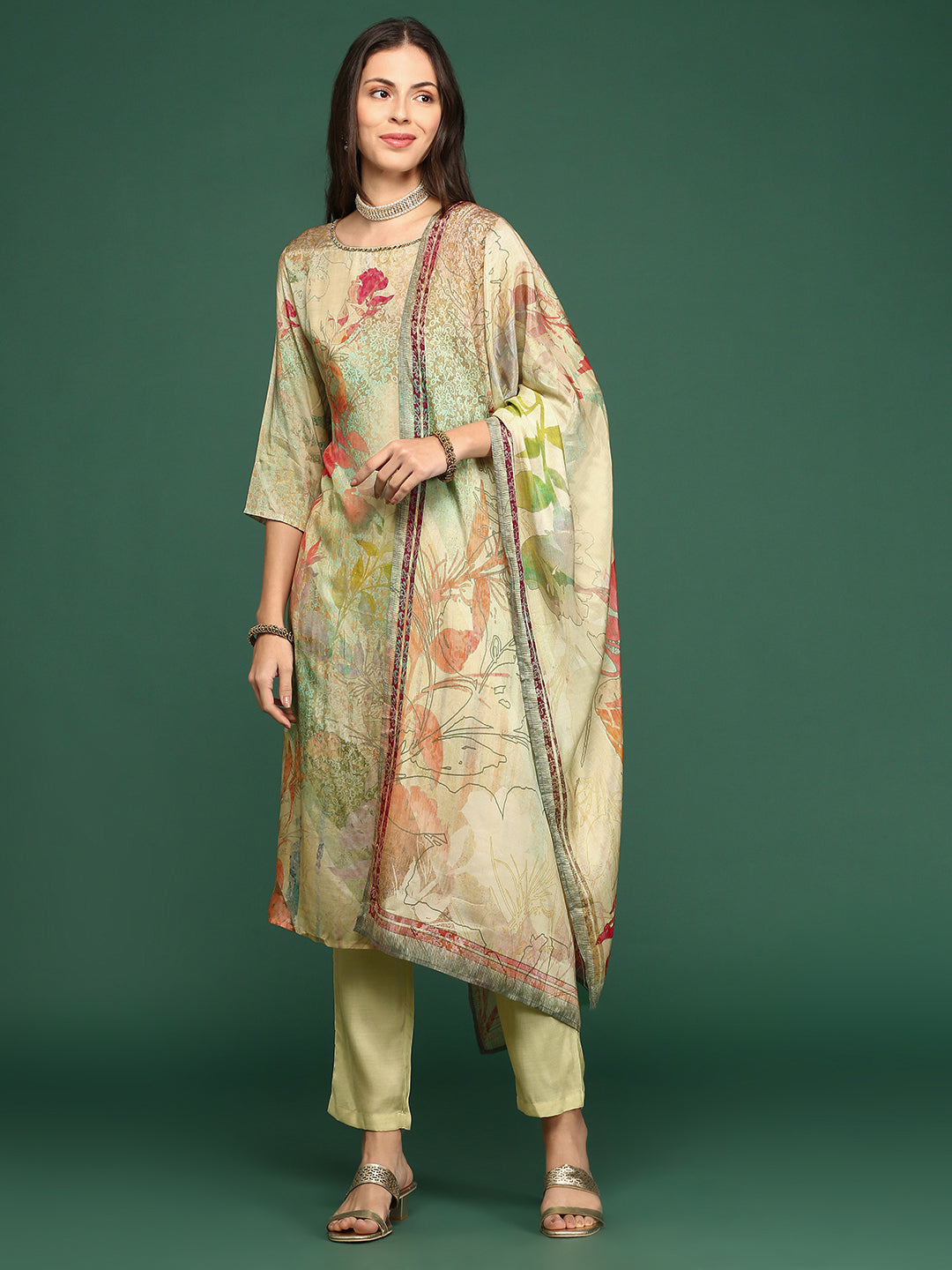 Women Floral Sea Green Straight Kurta Set with Dupatta