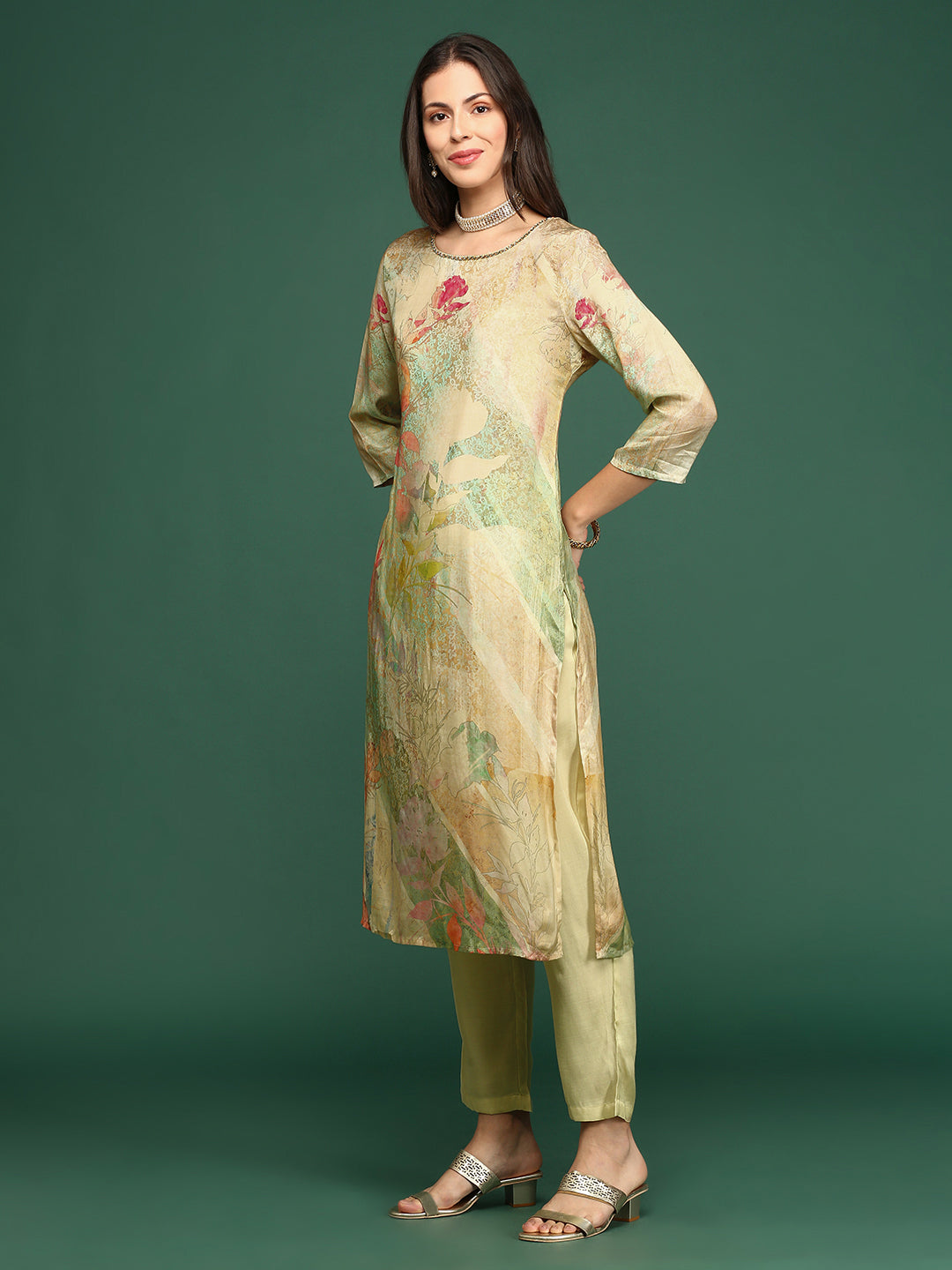 Women Floral Sea Green Straight Kurta Set with Dupatta