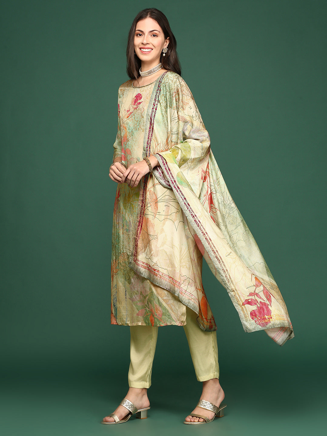 Women Floral Sea Green Straight Kurta Set with Dupatta