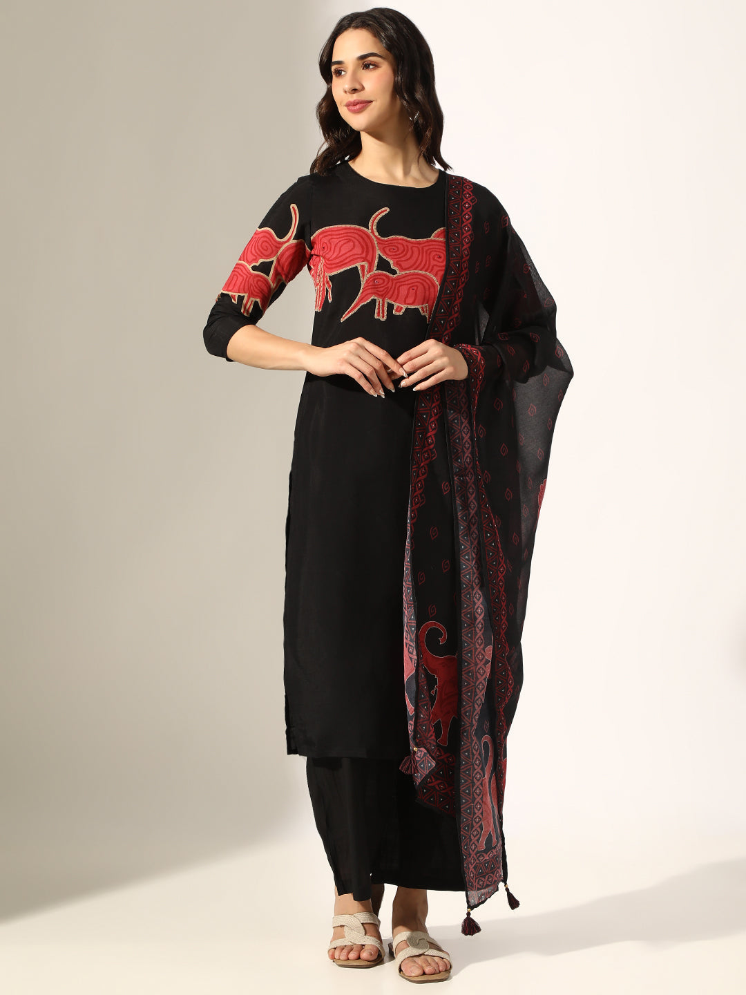 Women's Printed Black Kurta Set with Dupatta